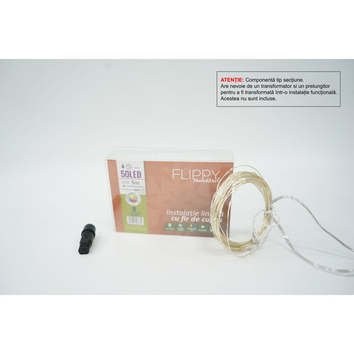 Detaliu LED-uri multicolor instalație Crăciun tip liniar cu fir cupru flexibil, 50 becuri, mod iluminare activat