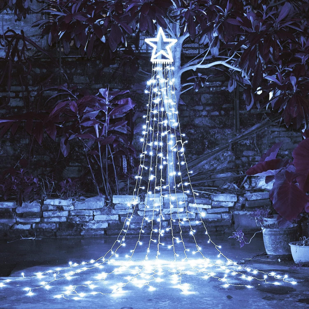 Instalatie Tip Perdea Pentru Pomul De Craciun, Cu Stea Luminoasa, Vivimall , 350 LED-uri, Conectare La Retea, Interior/Exterior, Lumina Rece - vivimall.ro