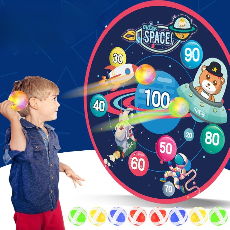 Joc Darts Vivimall pentru Copii, Placa Pliabila 36.5 cm, 8 Mingii Velcro/Scai Simple, 2 Mingii Luminoase, Model Spatiu, Albastru - vivimall.ro