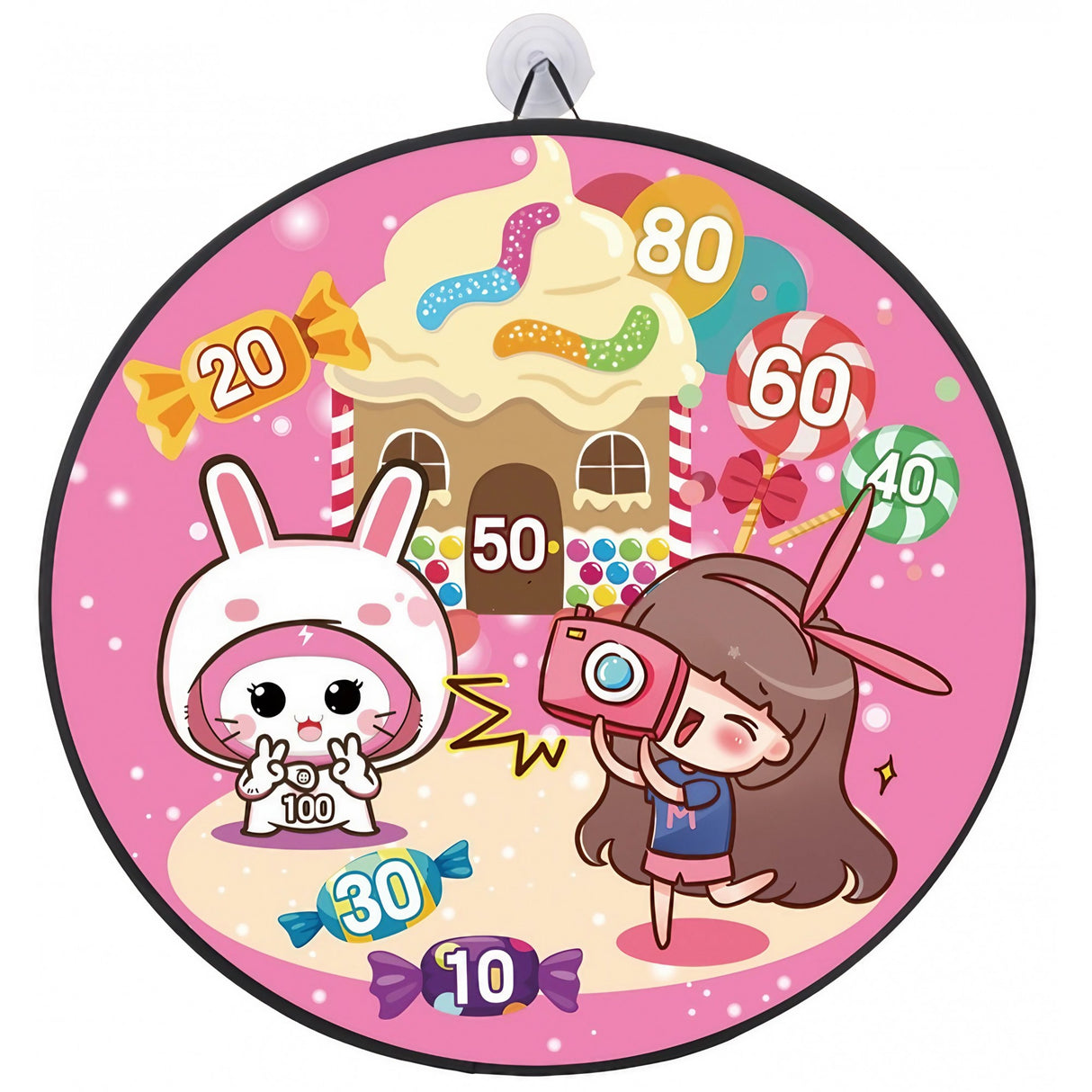 Joc Darts Vivimall pentru Copii, Placa Pliabila 36.5 cm, 8 Mingii Velcro/Scai Simple, 2 Mingii Luminoase, Model Acadele, Roz - vivimall.ro