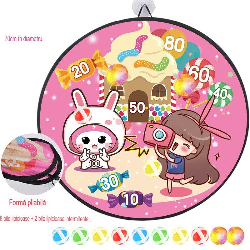 Joc Darts Vivimall pentru Copii, Placa Pliabila 70 cm, 8 Mingii Velcro/Scai Simple, 2 Mingii Luminoase, Model Acadele, Roz - vivimall.ro