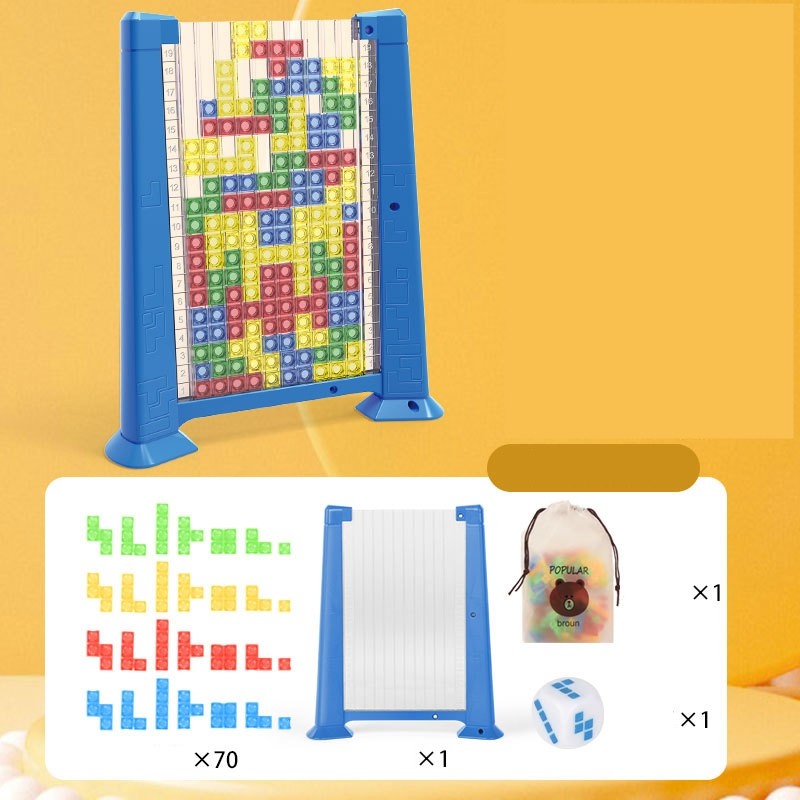 Joc de inteligenta Tetris puzzle tangram Vivimall, 70 de piese multicolore, 3D, montessori, interactiv, din plastic, zar inclus, sac depozitare piese, varsta peste 6 ani, 23 x 19.8 x 5 cm, cadru albastru - vivimall.ro