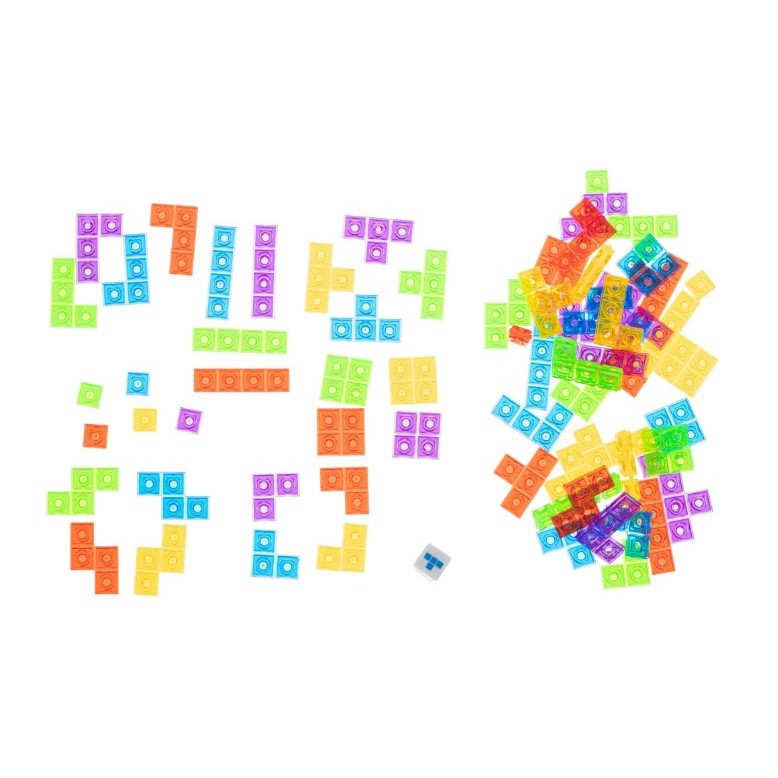 Joc de inteligenta Tetris puzzle tangram Vivimall, 70 de piese multicolore, 3D, montessori, interactiv, din plastic, zar inclus, sac depozitare piese, varsta peste 6 ani, 23 x 19.8 x 5 cm, cadru albastru - vivimall.ro