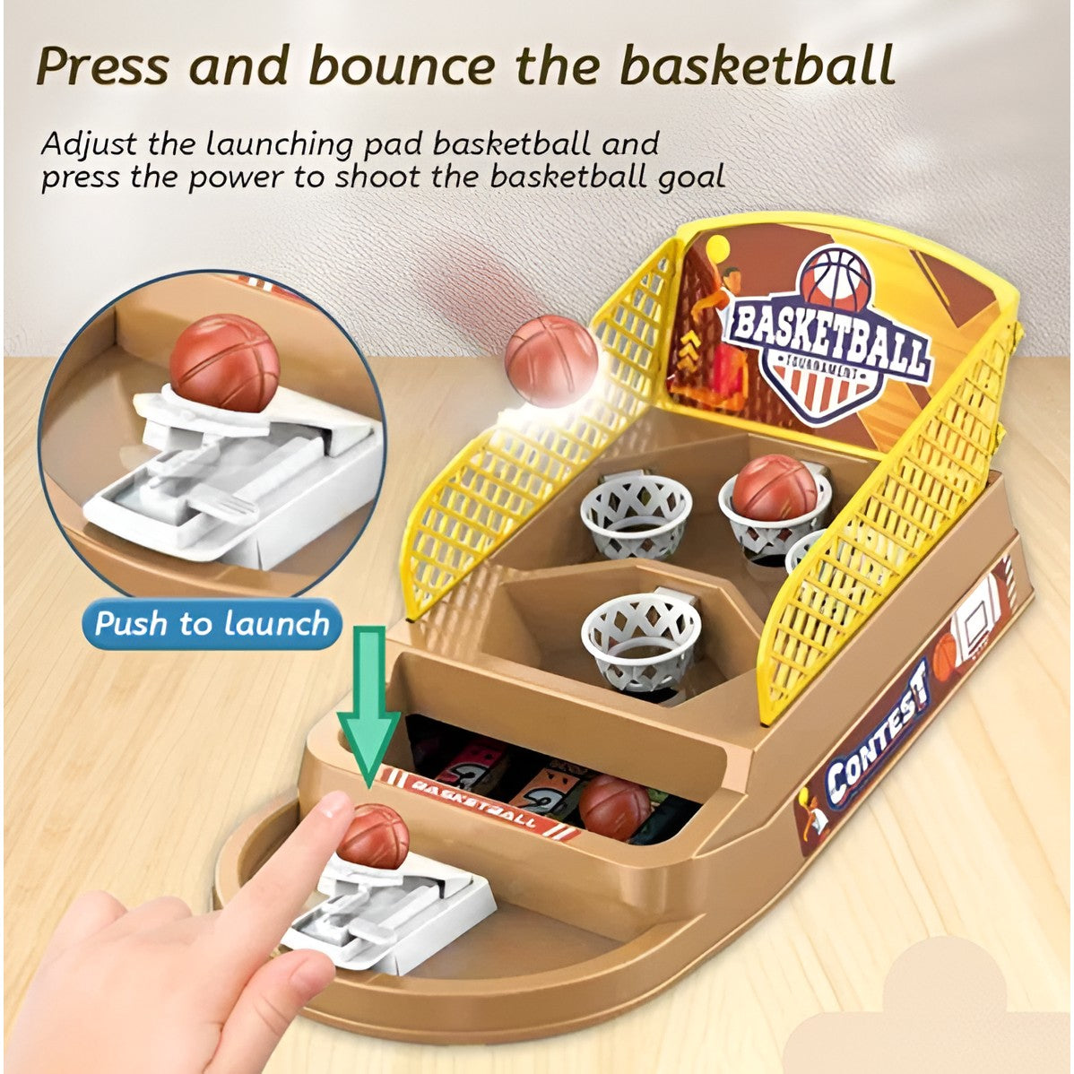 Joc de Masa Mini Baschet Interactiv pentru Copii, Vivimall, 4 Cosuri, 3 Mingi Incluse, 23.5x11.5x14 cm, Maro - vivimall.ro