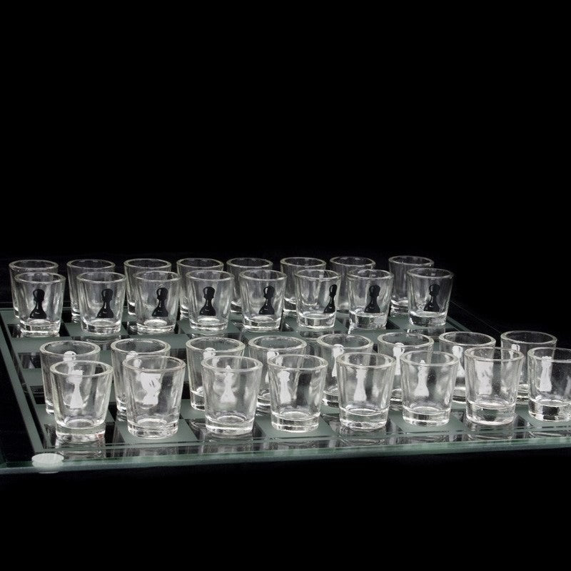 Joc de sah Vivimall din sticla cu pahare pentru shoturi, 35x35 cm, transparent - vivimall.ro