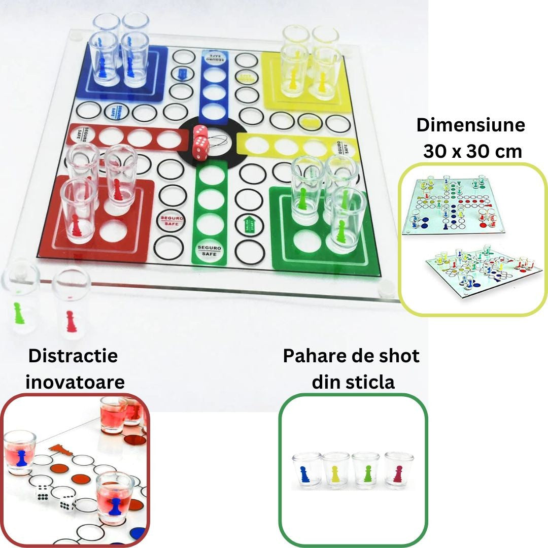 Joc de baut, Nu te supara frate, Vivimall, cu pahare de shot din sticla, 30x30 cm, multicolor - vivimall.ro