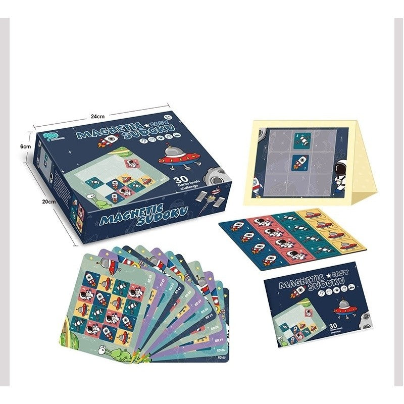 Joc educativ Sudoku cu tablita magnetica, 35 de piese, cartonase spatiu, Albastru - vivimall.ro