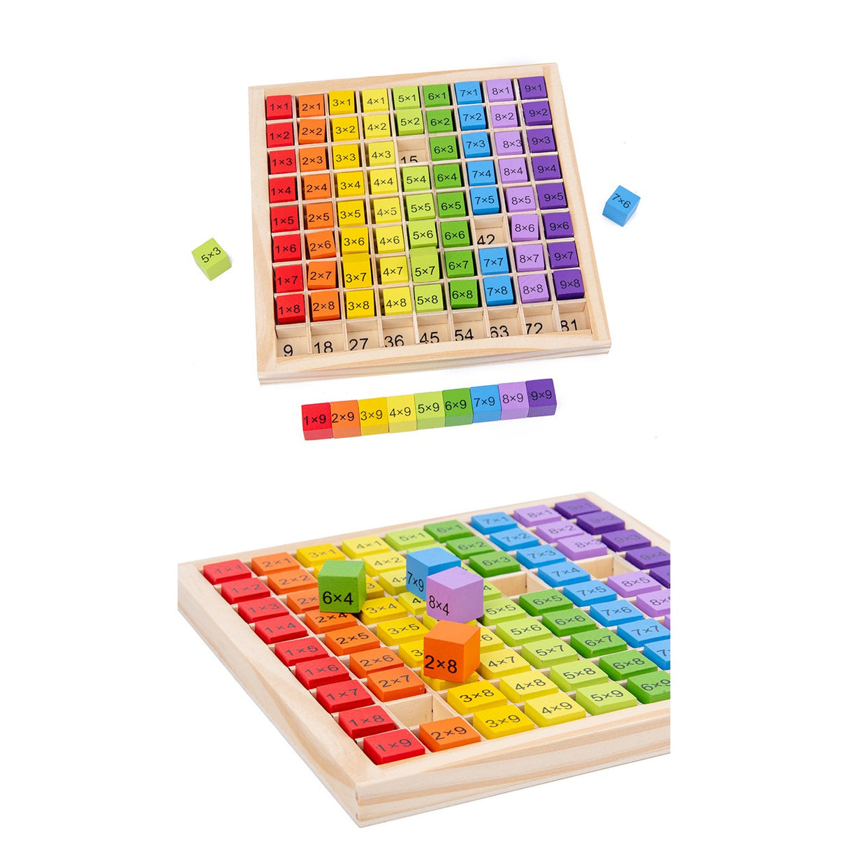 Joc Montessori din Lemn, Vivimall, Tabla Inmultirii, Blocuri, Tabel de Multiplicare pana la 9x9, Multicolor, 18x18x1.5 cm - vivimall.ro