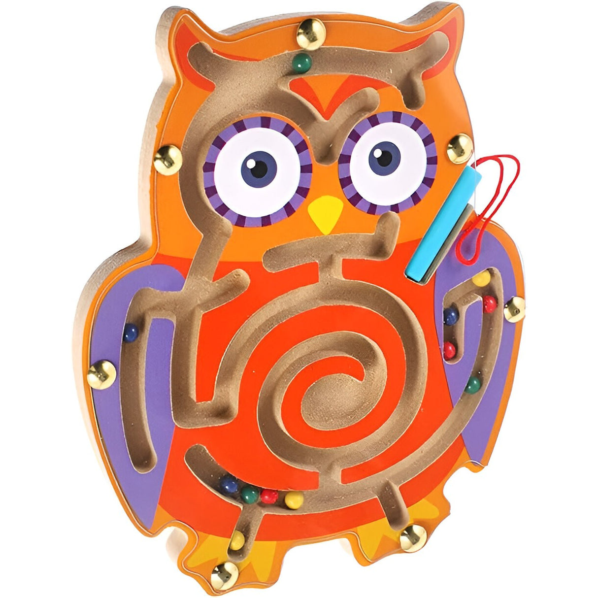 Joc Montessori cu Bile, Vivimall, Creion Magnetic, Tip Labirint, din Lemn, Model Bufnita, 18.5x17.5 cm, Portocaliu-Mov - vivimall.ro