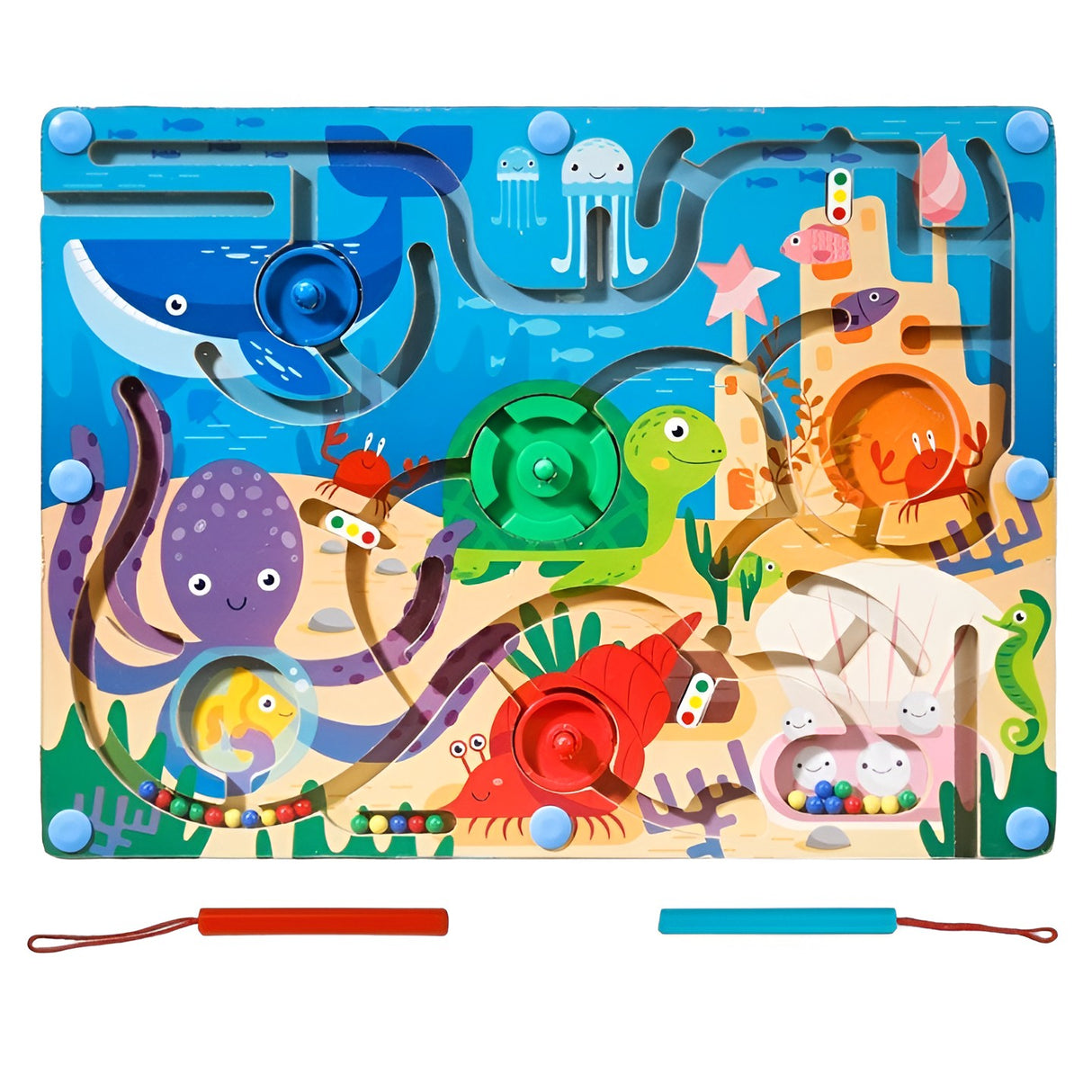 Joc Montessori de Sortare Culori, Vivimall, Creion Magnetic, Tip Labirint Ilustrat, din Lemn, Model Animale Marine, 39x29x1.5 cm - vivimall.ro