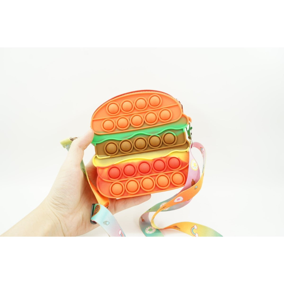 Jucarie antistres din silicon, Flippy, Pop It Now and Flip It, Geanta de umar, Hamburger, Portocaliu - vivimall.ro