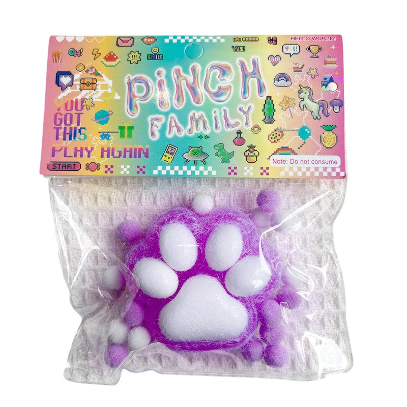 Jucarie Antistres Squishy, Vivimall, cu Revenire Lenta, Squeeze Pinch Family, Model Labuta de Pisica Pufoasa, 6x6 cm, 72g, Ambalaj Transparent, Mov-Alb - vivimall.ro