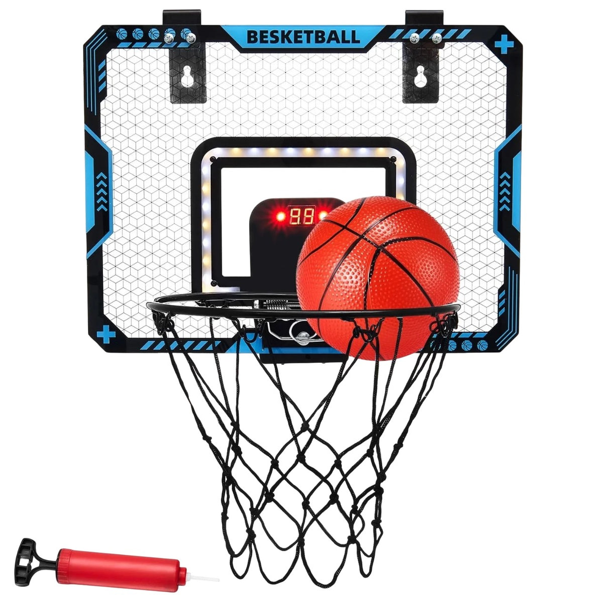 Cos de Baschet pentru Copii, Vivimall, cu Tablou de Bord Electronic, Minge, Pompa, 2 Moduri, Interior/Exterior, Inel Metalic si Rabatabil cu Arc, Luminos, 41x31x5 cm, Multicolor - vivimall.ro