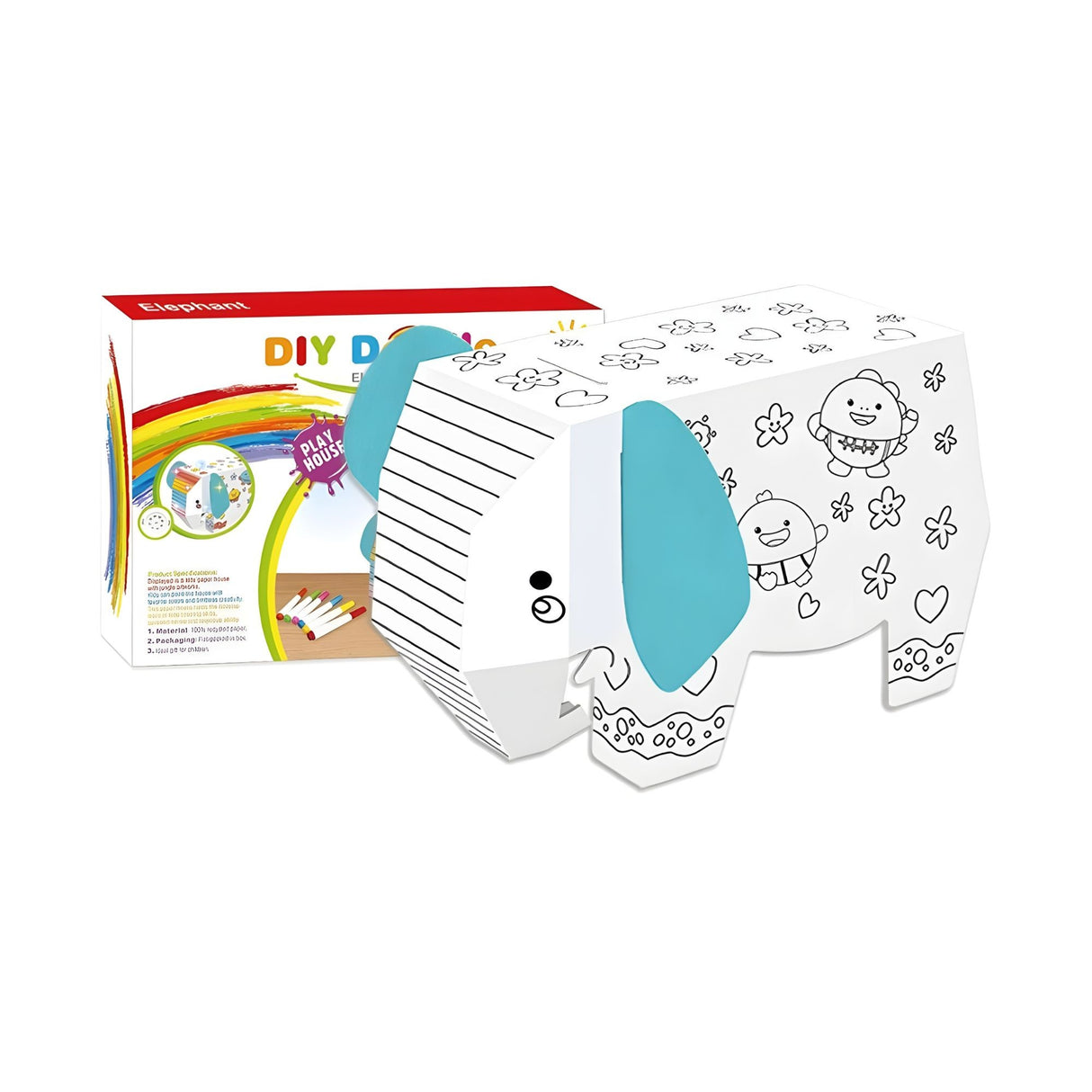 Elefant 3D Flippy asamblat, vedere laterală, detaliu contururi pentru colorat