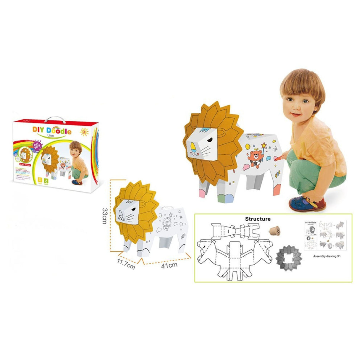 Jucarie Educativa pentru Copii, Flippy, Model Leu 3D, Puzzle 3D de Asamblat si Colorat din Carton, Educativ, 41 x 12 x 33 cm, 3+ ani, Alb