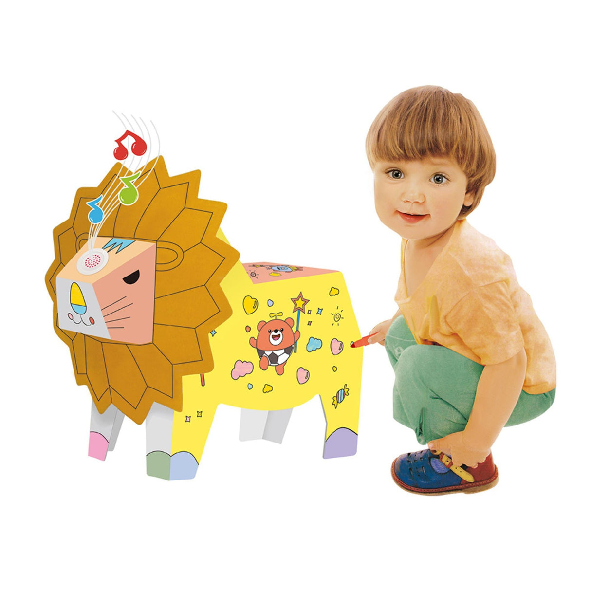 Jucarie Educativa pentru Copii, Flippy, Model Leu 3D, Puzzle 3D de Asamblat si Colorat din Carton, Educativ, 41 x 12 x 33 cm, 3+ ani, Alb