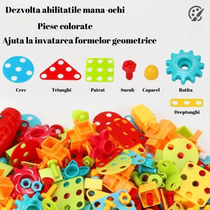 Jucarie Educativa Si Interactiva, Vivimall, Set De Constructie Puzzle Din ABS Cu Bormasina Pentru Dezvoltatea Creativitatii Si A Indemanarii 2D si 3D, Valiza, +3, 31x7x25 cm, 336 Piese - vivimall.ro