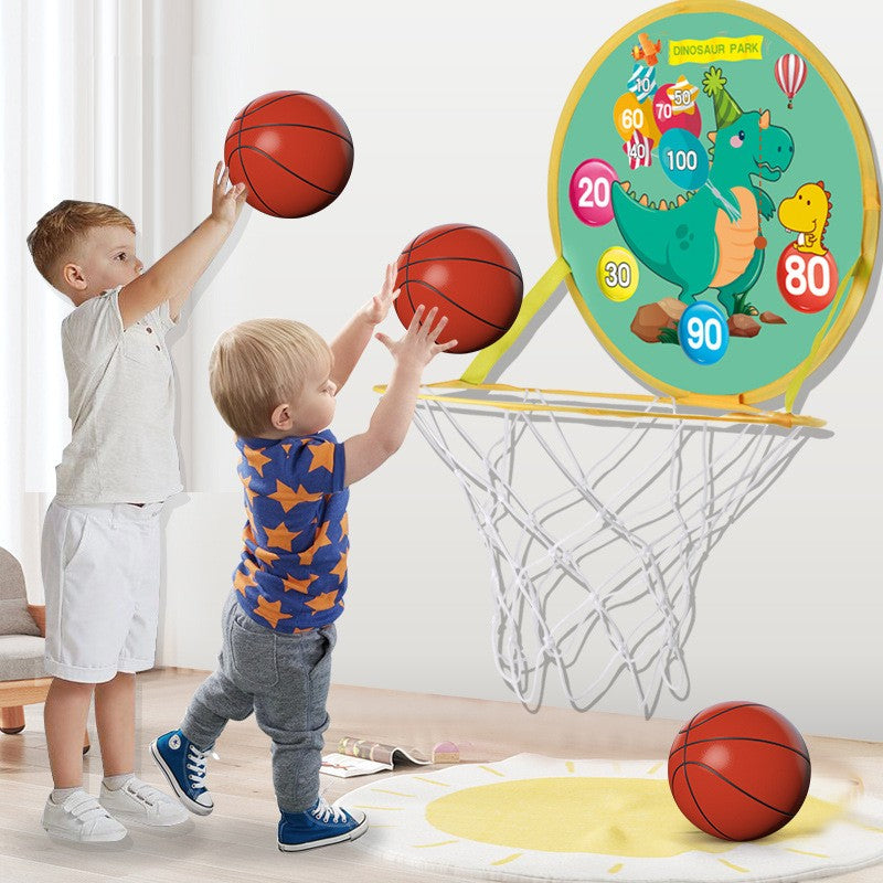 Jucarie Interactiva, Vivimall, 2 in 1, Cos de Basket si Tinta de Darts, Minge 16 cm, Pompa, 8 Mingii cu Scai, Model Dragon, Multicolor - vivimall.ro