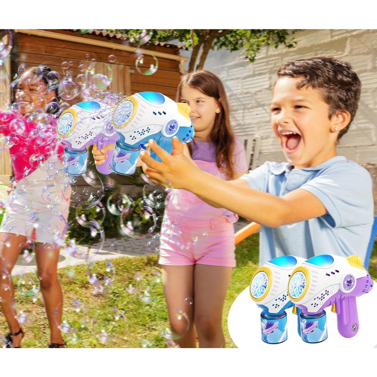 Jucarie Interactiva pentru Baloane de Sapun, Vivimall, Sunete si Lumini, Model Pistol, cu 8 Orificii, 19 x 8.8 x 16.3 cm, Mov - vivimall.ro