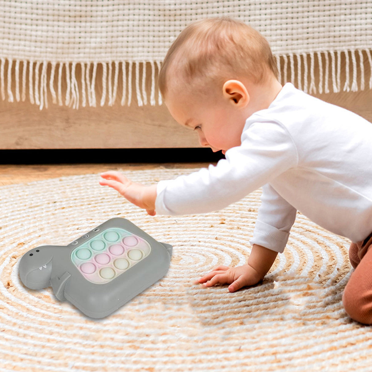 Jucarie Interactiva Pop It Whack A Mole, Vivimall, Tip Consola, Anti-Stres, 4 Moduri de Joc, din ABS si Silicon, +3 Ani, Model Dinozaur, Gri - vivimall.ro