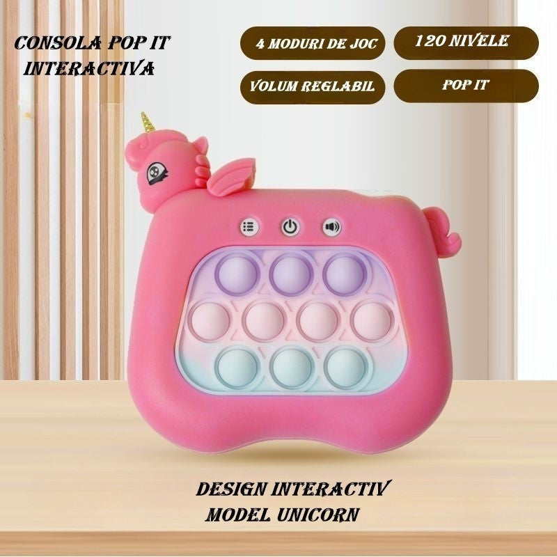 Jucarie Interactiva Tip Consola pentru Copii, Vivimall, Diferite Moduri de Joc, 120 Nivele, Material ABS/silicon, Sunete si Lumini, 13.5 x 5.5 x 12.5 cm, Model Unicorn, Fucsia - vivimall.ro