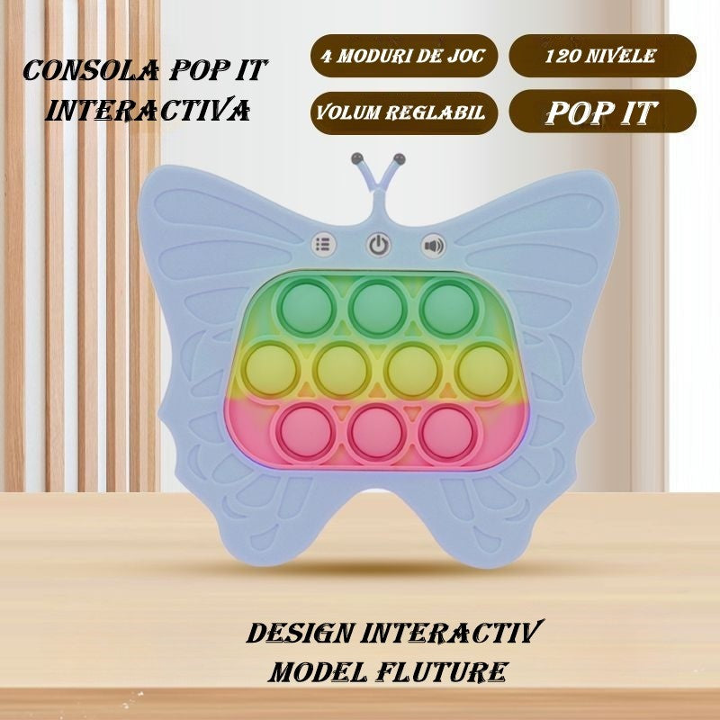 Jucarie Interactiva Tip Consola pentru Copii, Vivimall, Diferite Moduri de Joc, 120 Nivele, Material ABS/silicon, Sunete si Lumini, 12 x 5.5 x 13.5 cm cm, Model Fluture, Albastru Deschis - vivimall.ro