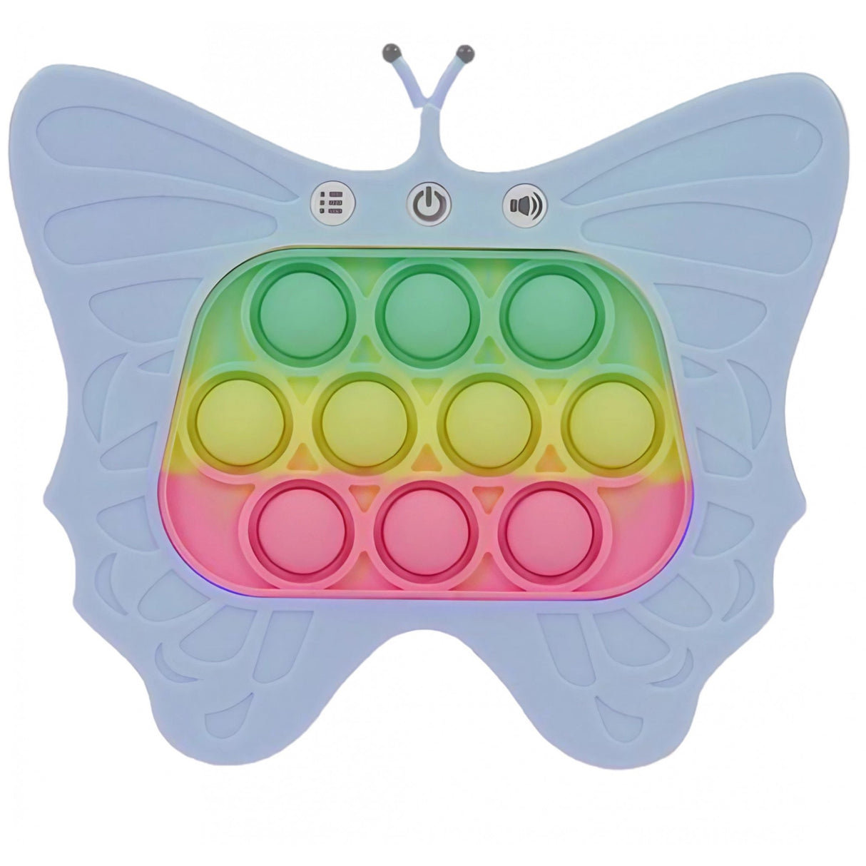 Jucarie Interactiva Tip Consola pentru Copii, Vivimall, Diferite Moduri de Joc, 120 Nivele, Material ABS/silicon, Sunete si Lumini, 12 x 5.5 x 13.5 cm cm, Model Fluture, Albastru Deschis - vivimall.ro