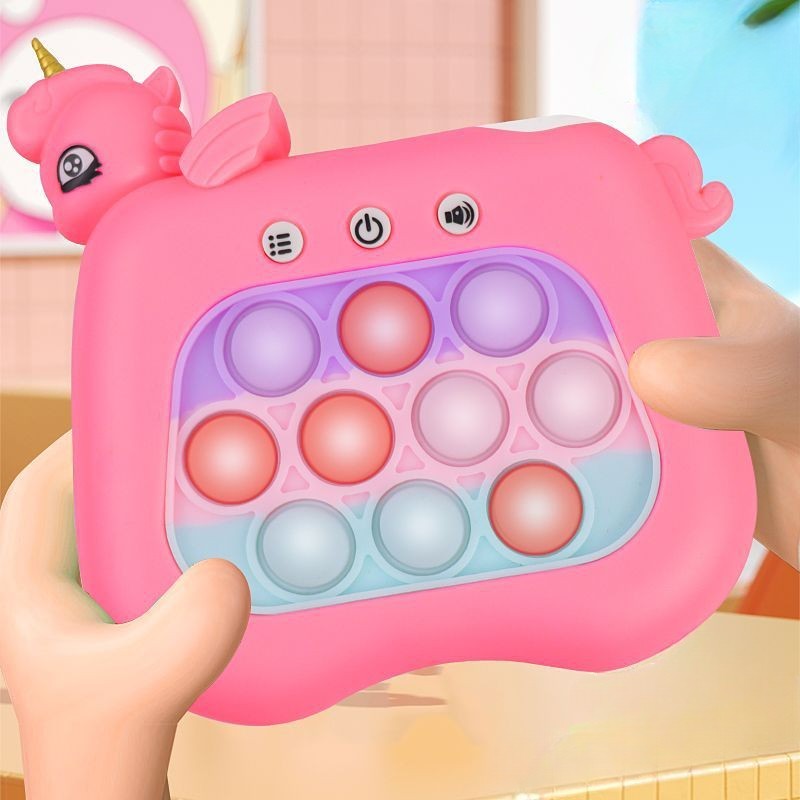 Jucarie Interactiva Tip Consola pentru Copii, Vivimall, Diferite Moduri de Joc, 120 Nivele, Material ABS/silicon, Sunete si Lumini, 13.5 x 5.5 x 12.5 cm, Model Unicorn, Fucsia - vivimall.ro