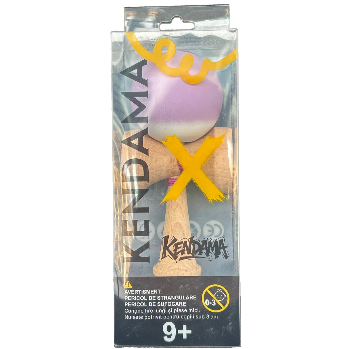 Jucarie Interactiva Kendama Profesionala, Vivimall, din Lemn cu Bila Cauciucata, 18 x 6 x 7 cm, Joc de Indemanare pentru Copii si Adulti, Gradient Mov Alb - vivimall.ro