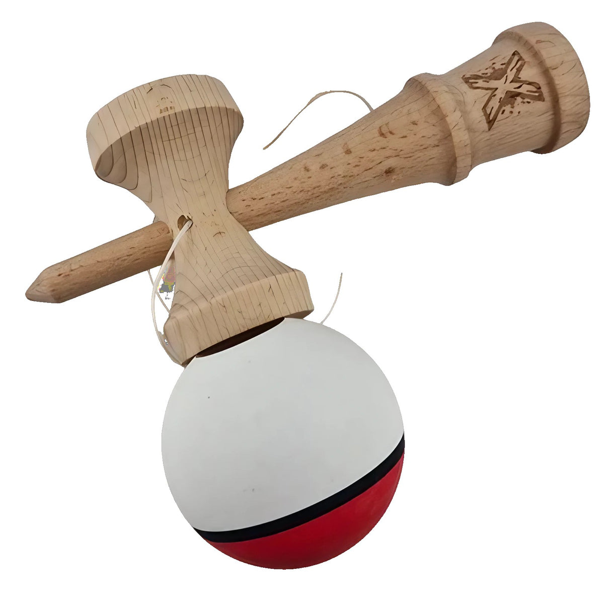 Jucarie Kendama X Originala, Profesionala, Vivimall, din Lemn, Rubber Grip, 18 cm, Rosu/Alb - vivimall.ro