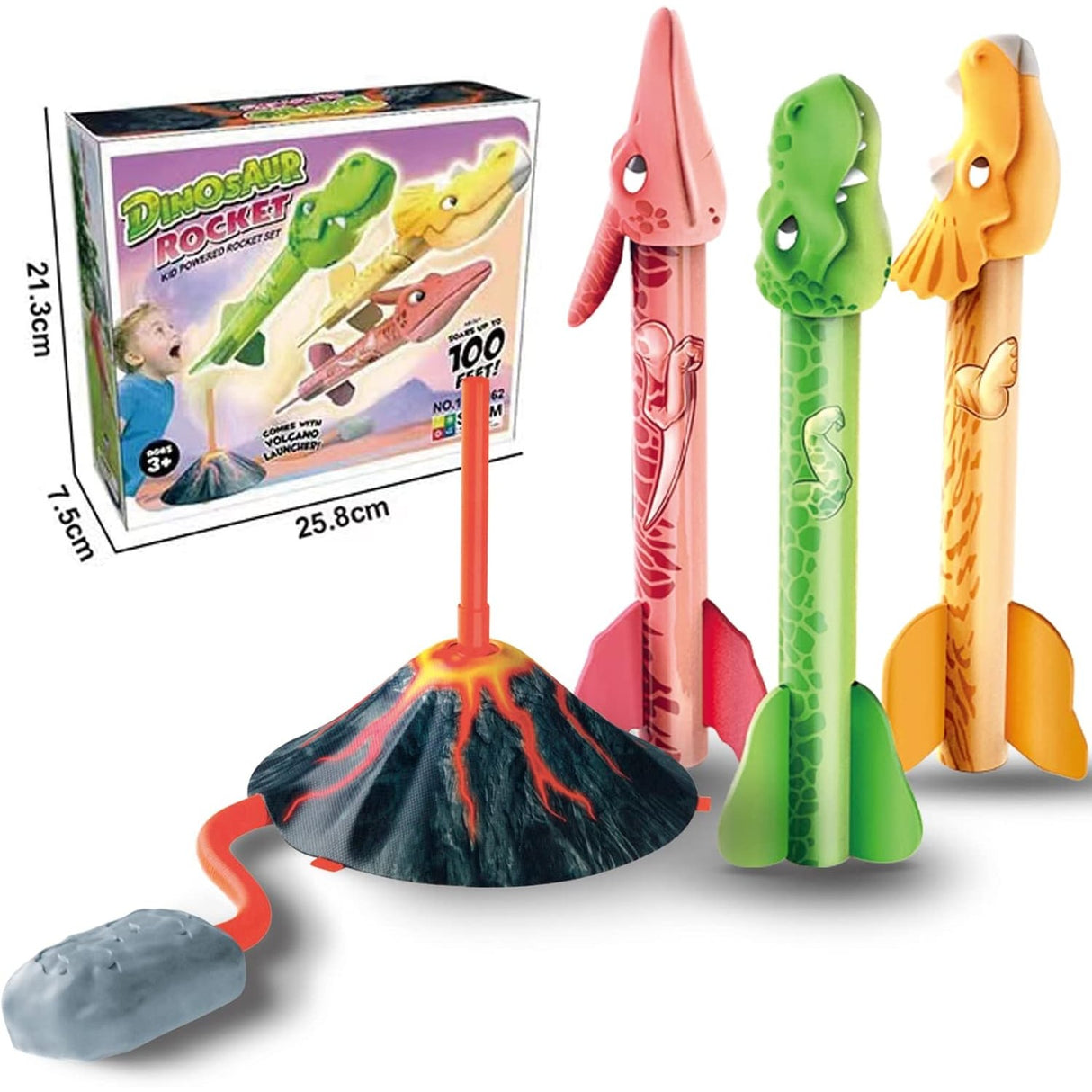 Detaliu rachete dinozaur cu lumini incluse în setul lansator Model Vulcan, 3 bucăți multicolor