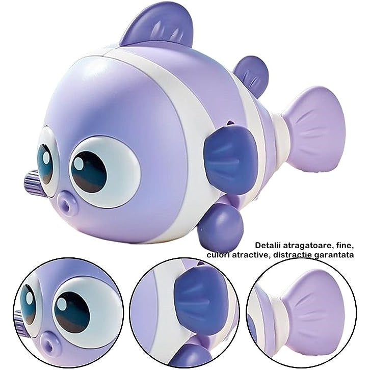 Jucarie mecanica pentru copii Vivimall, pestisor haios, cu cheita, distractiv, se taraste, se misca, 11 x 9 x 7.5 cm cm, mov - vivimall.ro