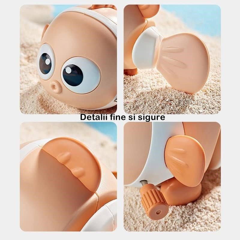 Jucarie mecanica pentru copii Vivimall, pestisor haios, cu cheita, distractiv, se taraste, se misca, 11 x 9 x 7.5 cm cm, portocaliu - vivimall.ro