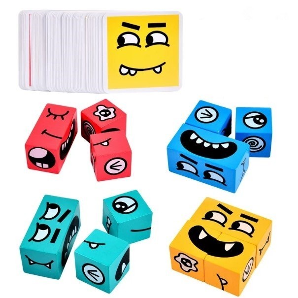 Jucarie Pentru Copii Montessori Vivimall, Cub din Lemn, Asamblare Fete, 64 de Carti Distractive, Clepsidra si Clopotel inclus, pentru Baieti si Fete, Varsta +3 ani, Educativ, Cutie din carton, 21 x 21 x 5.5 cm, multicolor - vivimall.ro