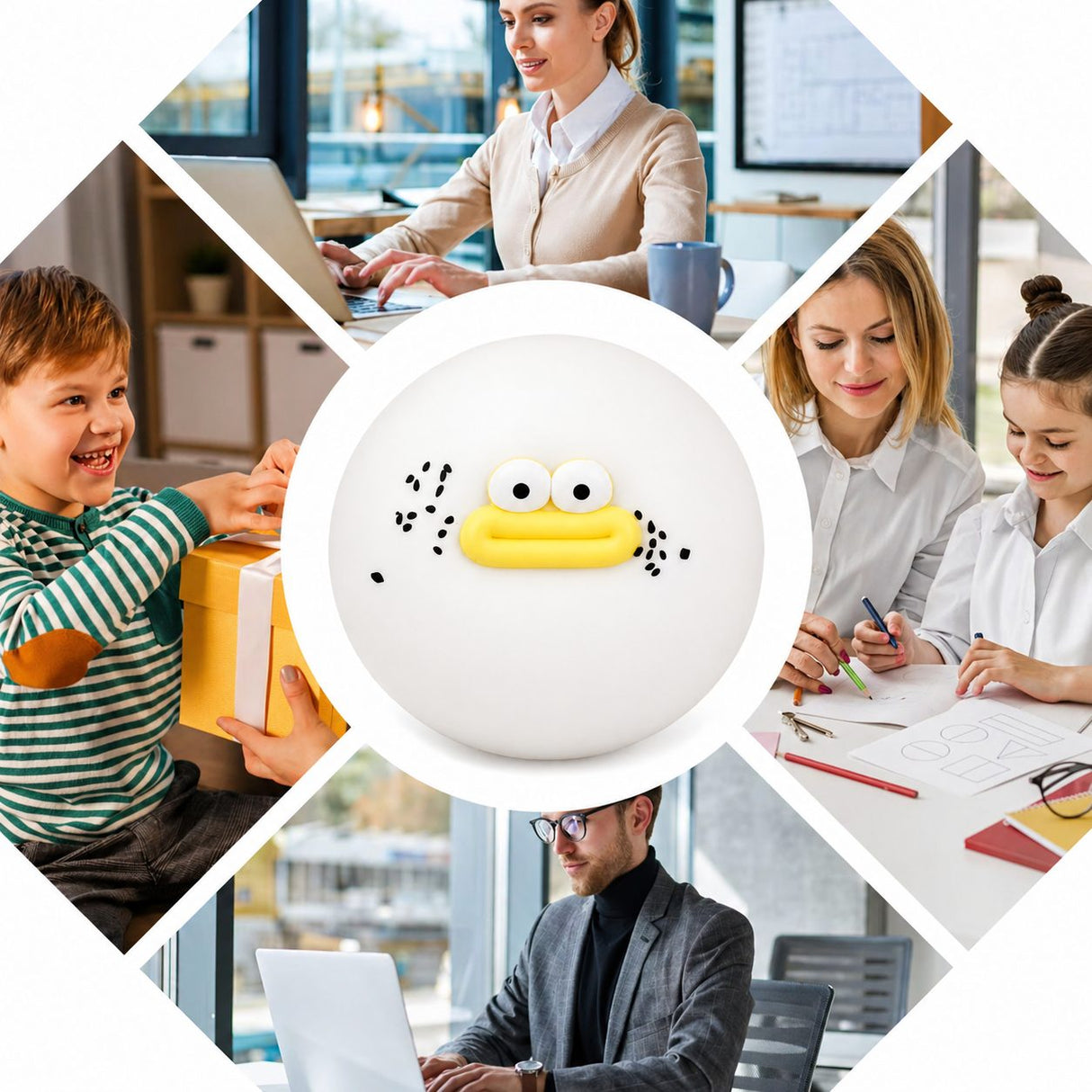 Jucărie squishy Flippy gogoașă albă ținută în mână, dimensiune 9 cm, efect revenire lentă