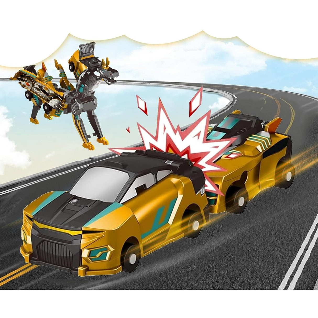 Jucarie Transformabila 2in1, Flippy, Golden Wing Flying Dragon, Masina/Dragon, Atractie Magnetica, +6 Ani, din ABS, Auriu - vivimall.ro