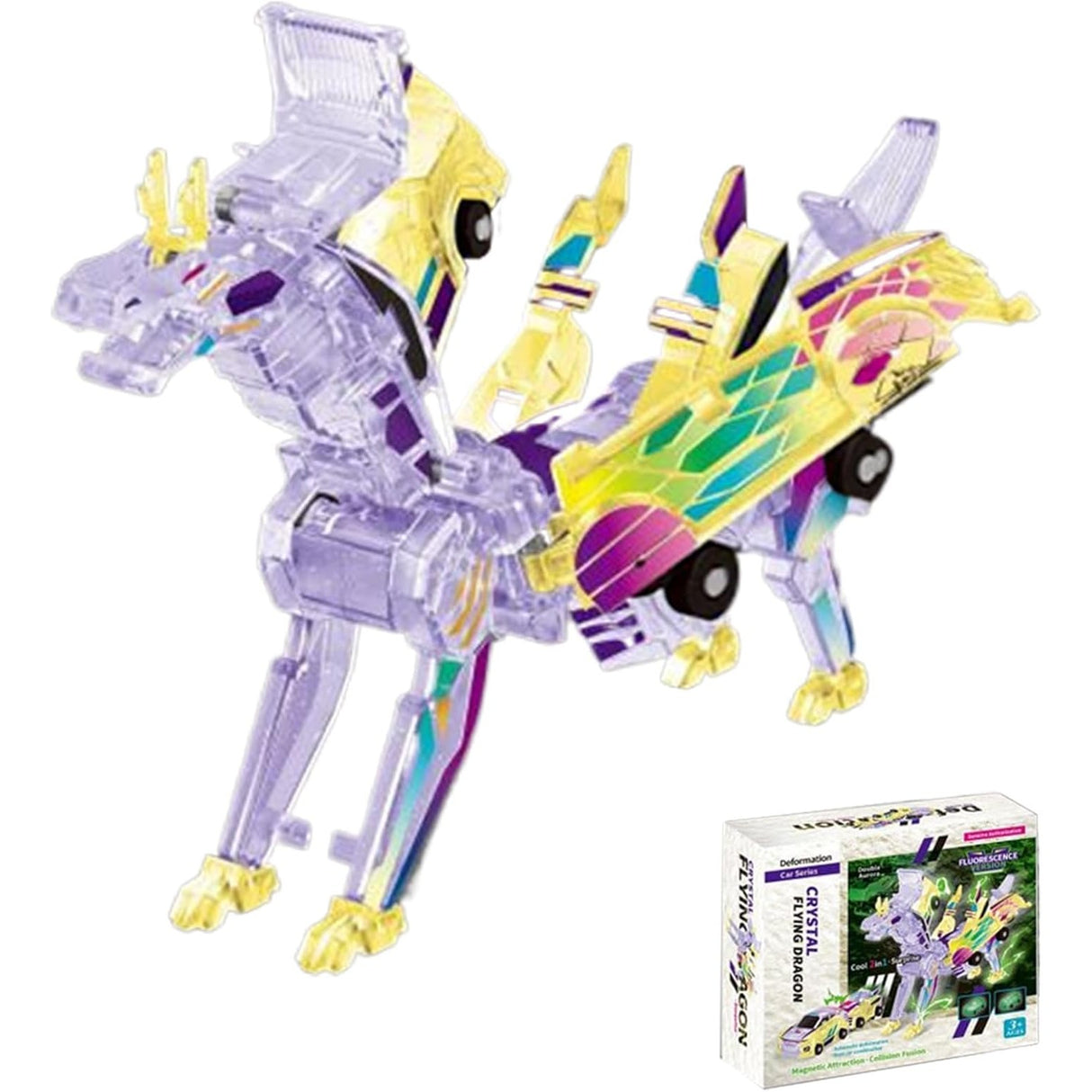 Jucarie Transformabila 2in1, Flippy, Crystal Wing Flying Dragon, Masina/Dragon, Atractie Magnetica, Fluorescent, +3 Ani, din ABS, Multicolor - vivimall.ro