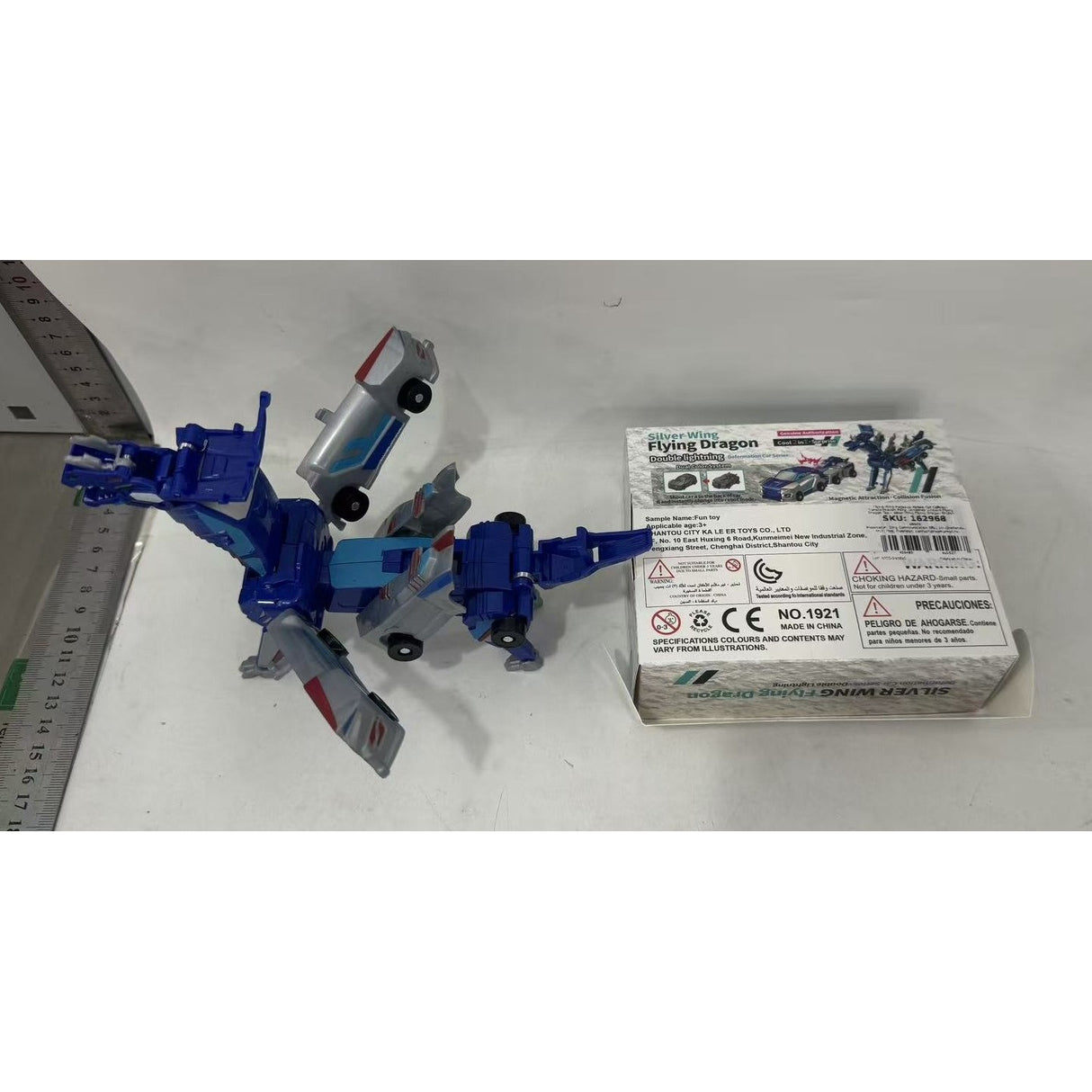 Jucarie Transformabila 2in1, Flippy, Silver Wing Flying Dragon, Masina/Dragon, Atractie Magnetica, +6 Ani, din ABS, Albastru - vivimall.ro