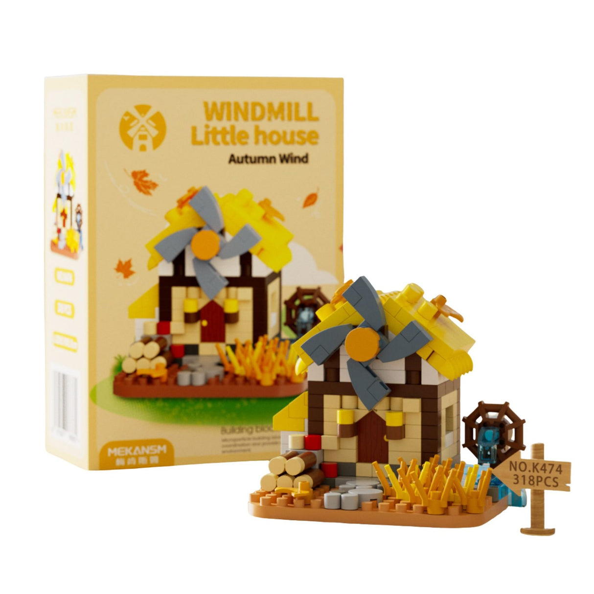 Set de Constructie, Flippy, Model Miniatura Moara de Vant, Jucarie Educativa STEM, Model 3D, Micro-Caramizi, 318 piese, +6 Ani, cm, 11.5 x 8 x 4.5 cm, Portocaliu