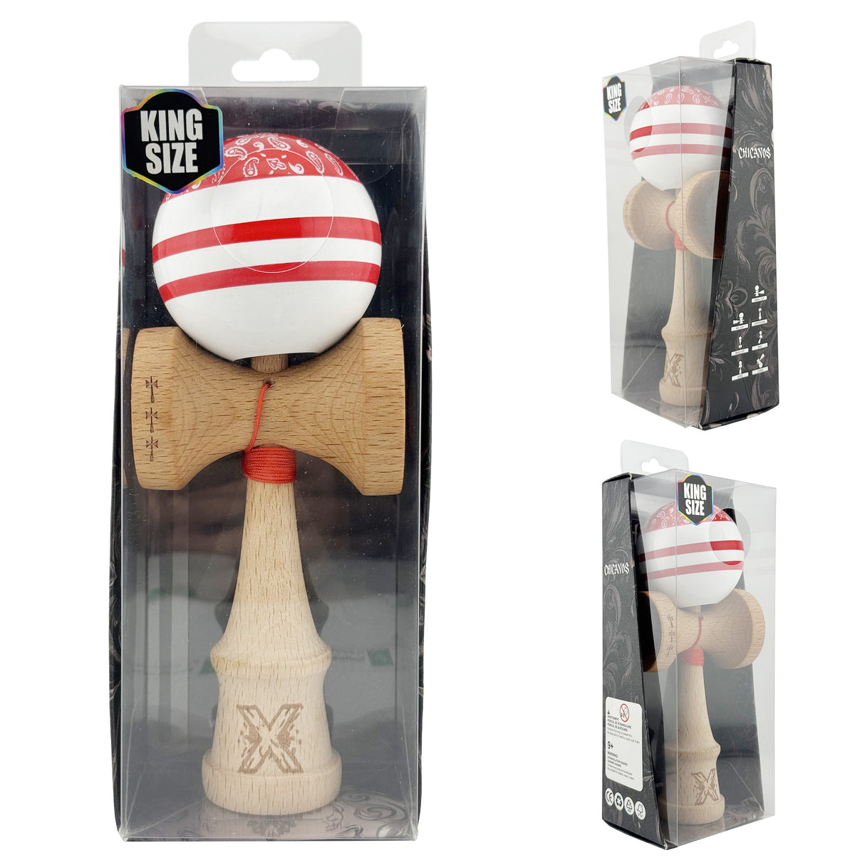 Kendama X CHICANOS Originala, Profesionala, Vivimall, Big Cups V2, Super Sticky cu Cupe Mari, Rulment Metalic, din lemn 18 cm, Ata 55 cm, Rosu/Alb - vivimall.ro