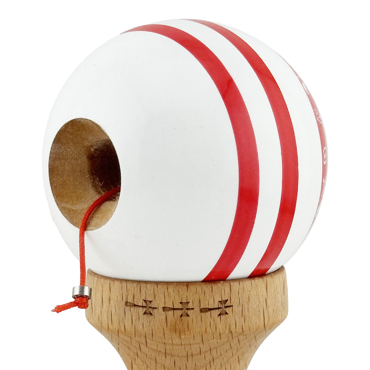 Kendama X CHICANOS Originala, Profesionala, Vivimall, Big Cups V2, Super Sticky cu Cupe Mari, Rulment Metalic, din lemn 18 cm, Ata 55 cm, Rosu/Alb - vivimall.ro