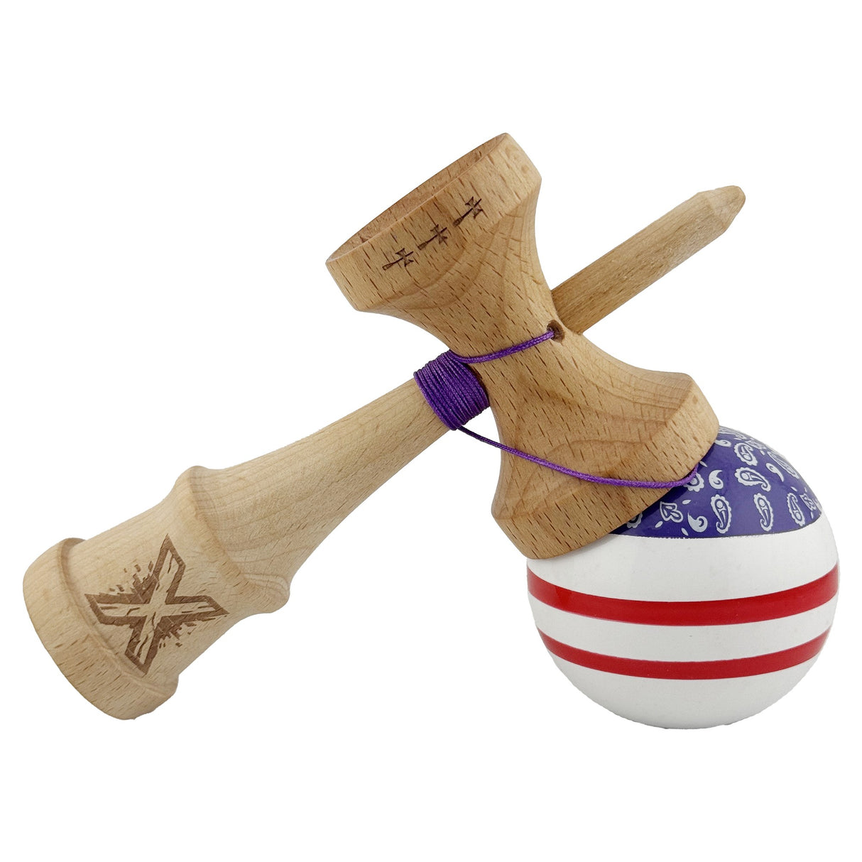 Kendama X CHICANOS Originala, Profesionala, Flippy, Big Cups V2, Super Sticky cu Cupe Mari, Rulment Metalic, din lemn 18 cm, Ata 55 cm, Violet/Alb - vivimall.ro
