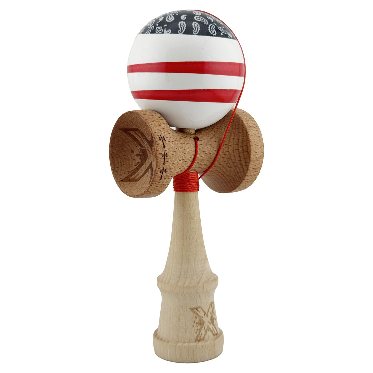 Kendama X CHICANOS Originala, Profesionala, Flippy, Big Cups V2, Super Sticky cu Cupe Mari, Rulment Metalic, din lemn 18 cm, Ata 55 cm, Negru/Alb - vivimall.ro