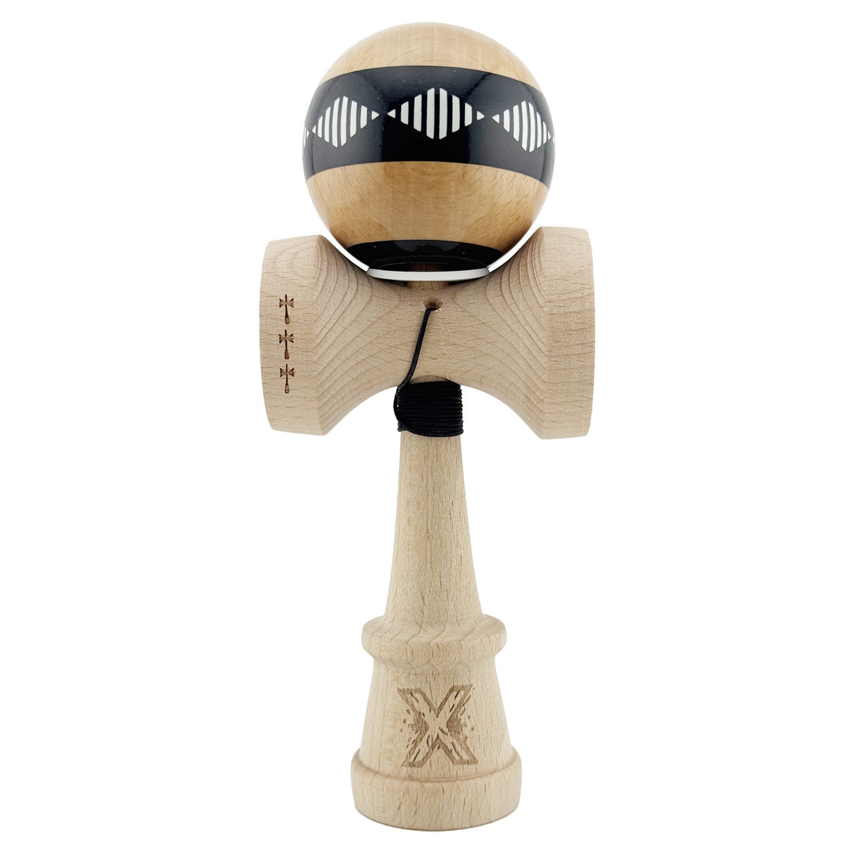 Kendama X Originala FREQUENCY, Profesionala, Vivimall, Cupe Mari KING SIZE V3, Super Sticky, Gaura in Baza, Rulment Metalic, din lemn 18 cm, Ata 55 cm, Negru/Maro