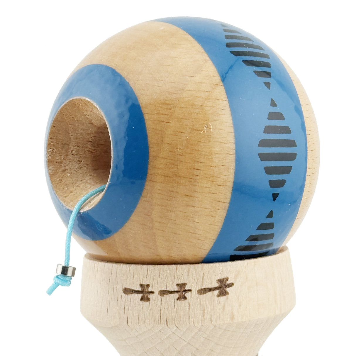 Kendama X Originala FREQUENCY, Profesionala, Vivimall, Cupe Mari KING SIZE V3, Super Sticky, Gaura in Baza, Rulment Metalic, din lemn 18 cm, Ata 55 cm, Albastru/Maro