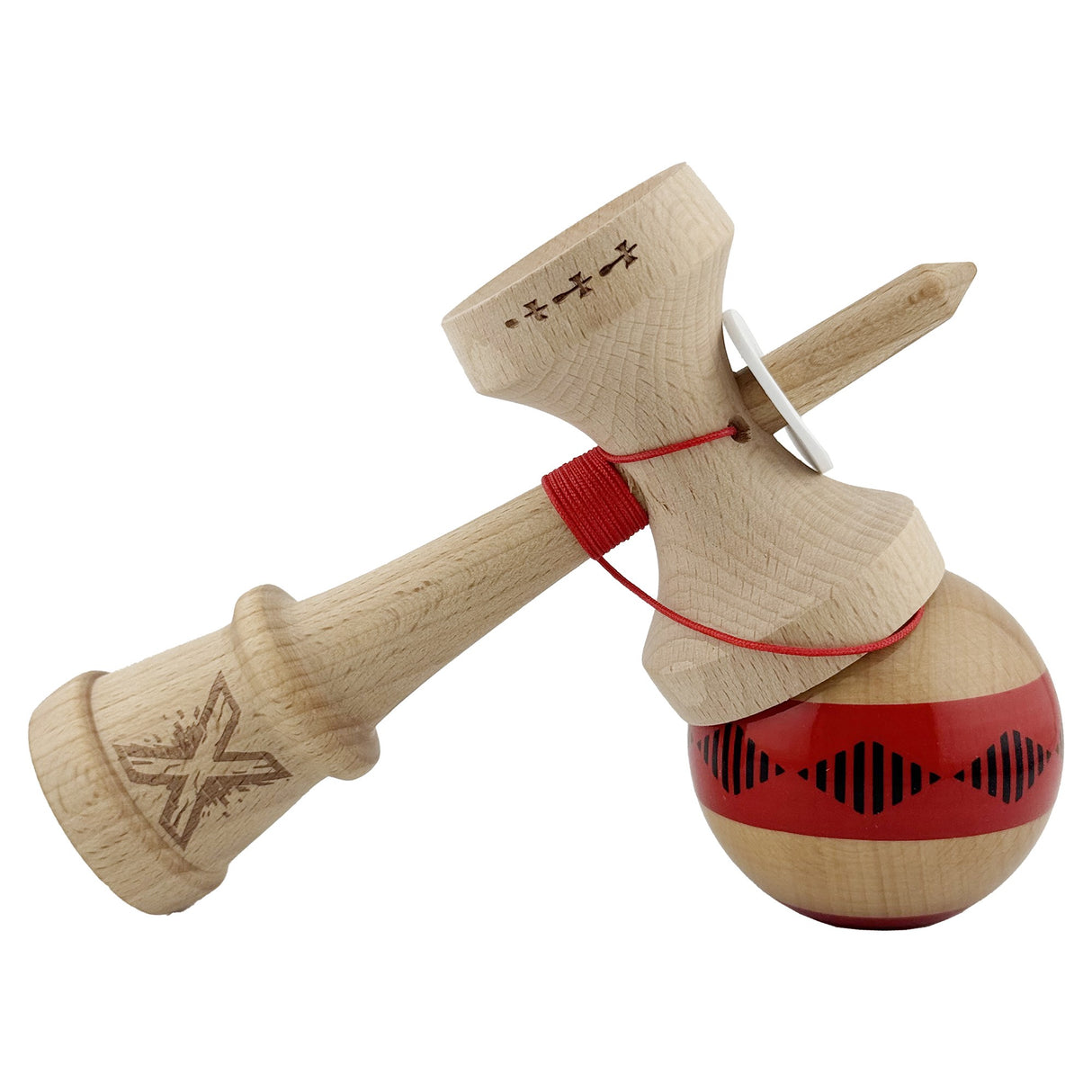 Kendama X Originala FREQUENCY, Profesionala, Vivimall, Cupe Mari KING SIZE V3, Super Sticky, Gaura in Baza, Rulment Metalic, din lemn 18 cm, Ata 55 cm, Rosu/Maro