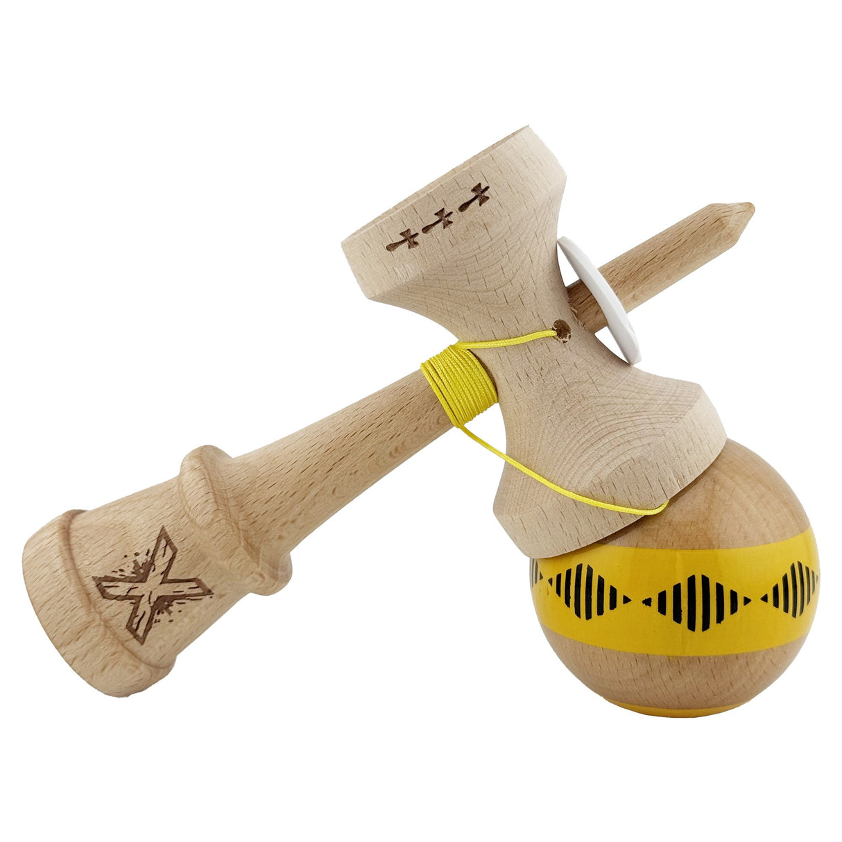 Kendama X Originala FREQUENCY, Profesionala, Vivimall, Cupe Mari KING SIZE V3, Super Sticky, Gaura in Baza, Rulment Metalic, din lemn 18 cm, Ata 55 cm, Galben/Maro