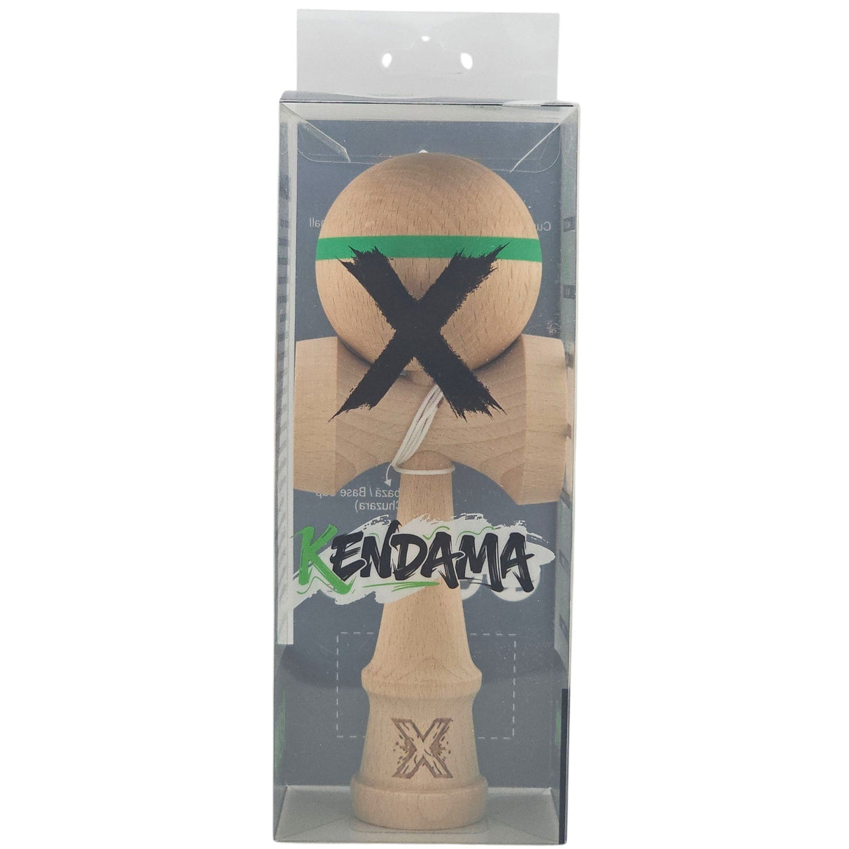 Kendama X Originală, Profesională, Vivimall, din Lemn,18 cm, Model cu Dunga Verde - vivimall.ro