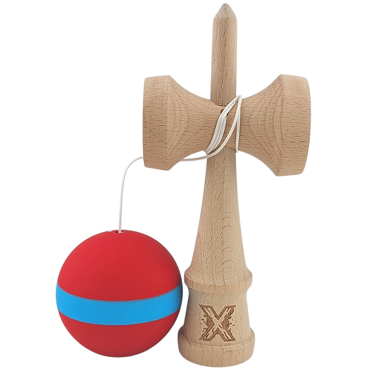 Kendama X Originala, Profesionala, Vivimall, 18 cm, din Lemn, Rubber Grip, Rosu/Albastru - vivimall.ro
