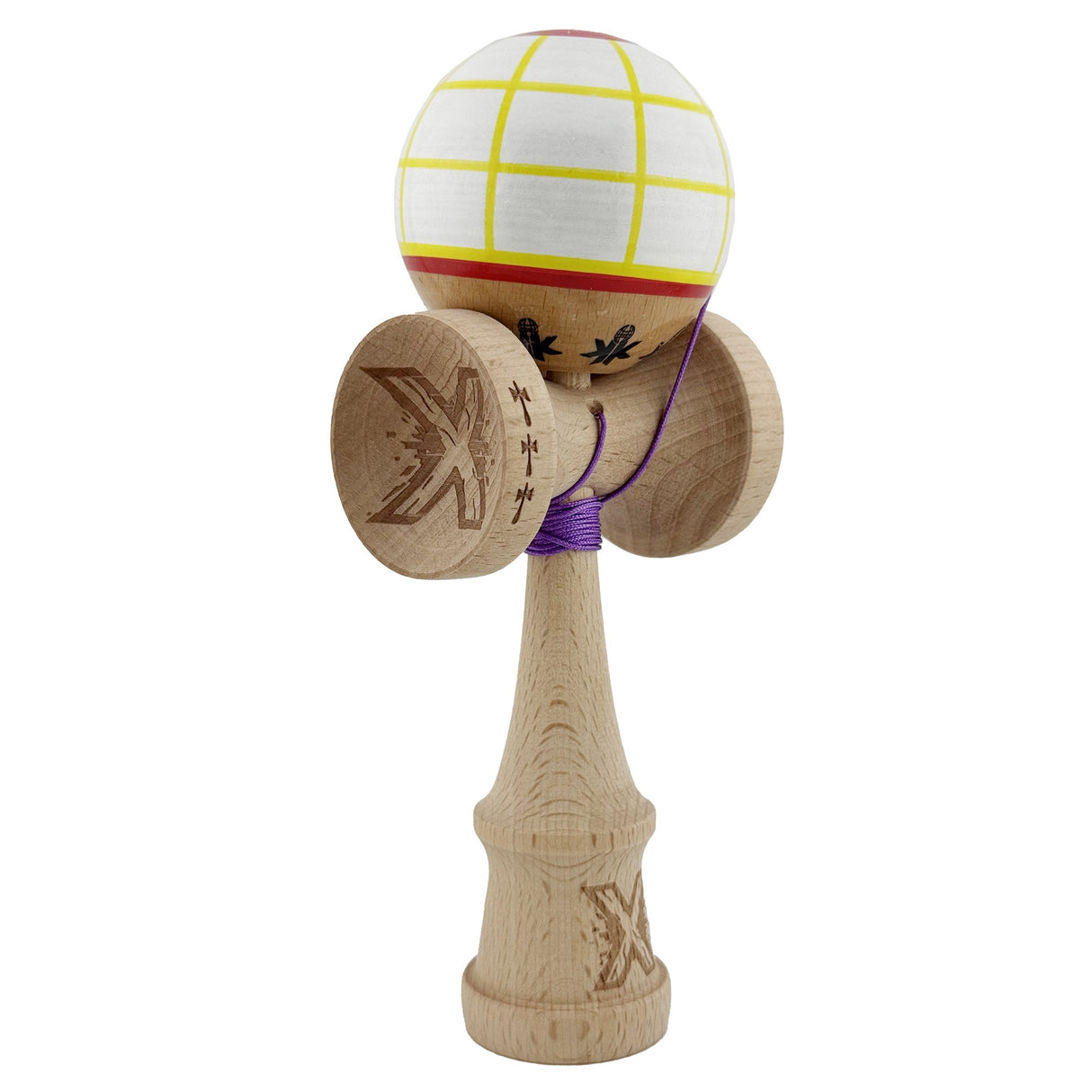 Kendama X Originala, Profesionala, Flippy, Big Cups V2, Model Glob Super Sticky Legendary Cupe Mari, Rulment Metalic cu Ata 55 cm, Alb/Galben/Rosu - vivimall.ro
